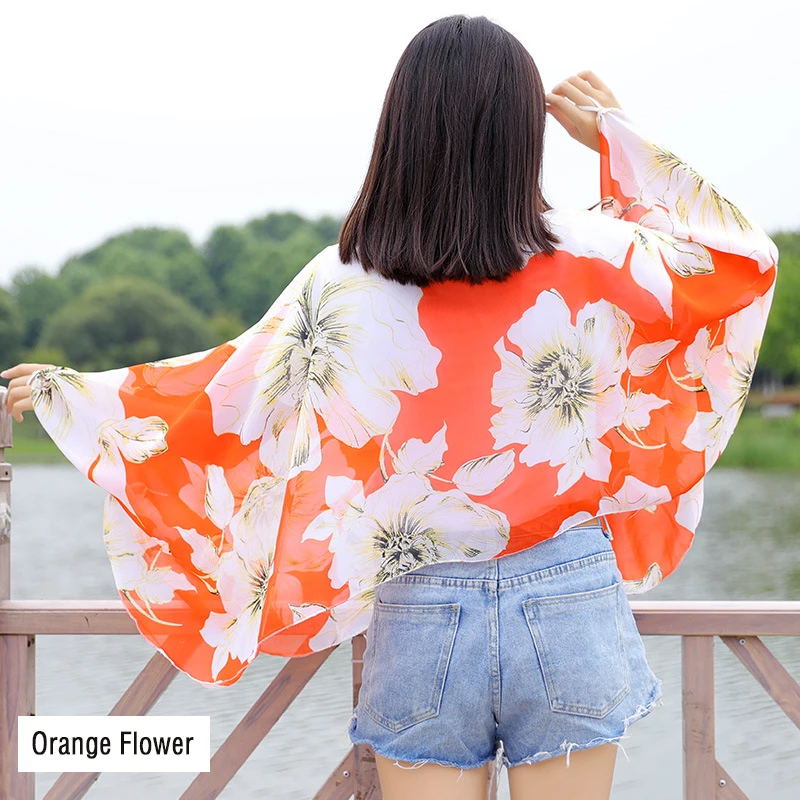 Womens Sun Protection Cloak Orange Flower Back