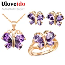 Uloveido свадебные комплекты ювелирных изделий фиолетовая бабочка Розовое золото Цвет Ожерелье Серьги Кольца Ювелирный Набор подарки T234