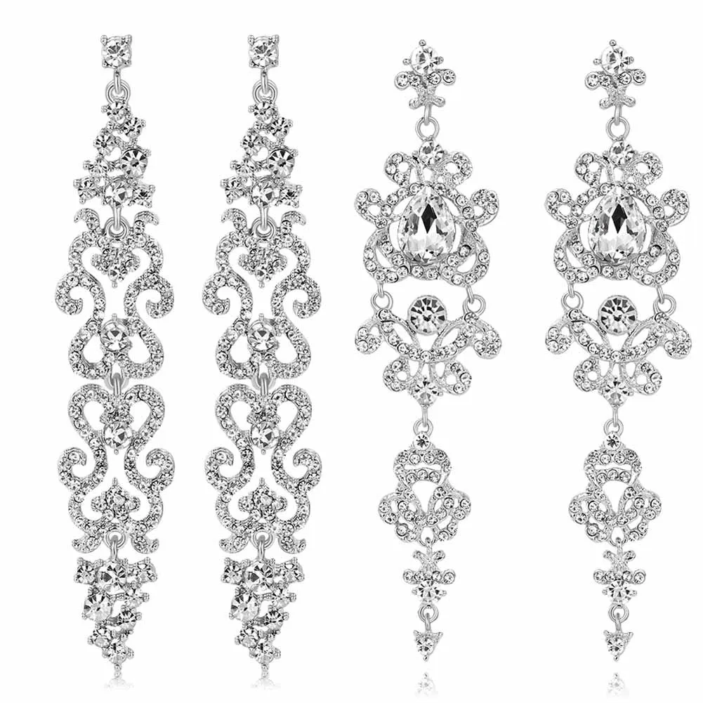 

Silver Color Crystal Wedding Long Earrings Floral Shape Chandelier Earrings For Women Brides Bridesmaid Jewelry Gift Dropship
