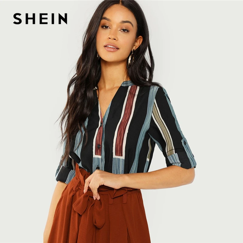 Acheter SHEIN Multicolore Coton V Cou Rayé Chemise Décontractée Retrousser les Manches Boutonnage Chemisier Femmes Automne Élégant Vêtements Tops