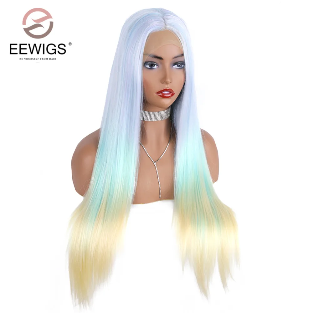 

Long Straight Synthetic Lace Front Wig Ombre Blue Yellow Wigs for Women 28 inches Middle Part Glueless Heat Resistant Fiber Hair