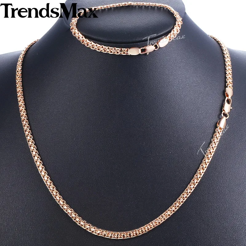Trendsmax, 5 мм, ювелирный набор, ожерелье, браслет для женщин и мужчин, 585, розовое золото, плетение, Бисмарк, звено, модное ювелирное изделие,, подарок, KGS275