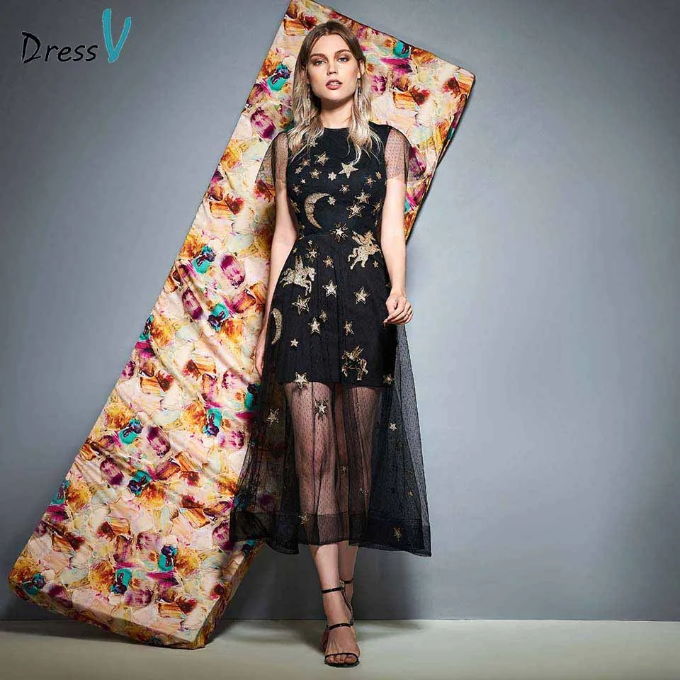 Dressv вечернее платье круглый вырез с короткими рукавами, с аппликацией длиной до середины икры, свадебное вечернее платье