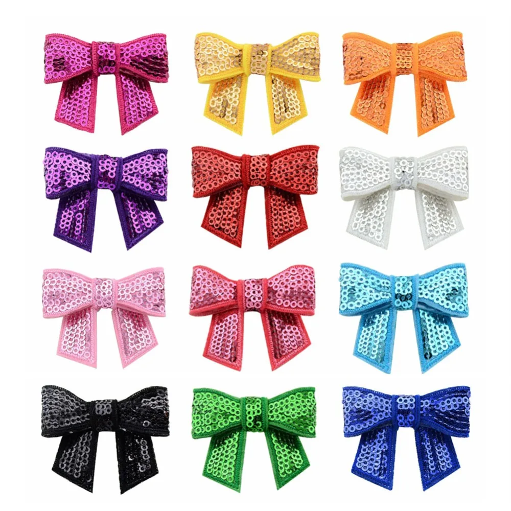 

1Piece Embroideried Sequin Bows Kids Hair Accessory Shiny silver slice Bowknot applique Bow For DIY Headband 562