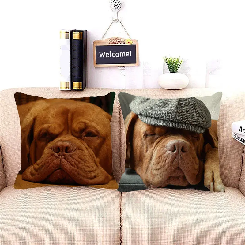 

XUNYU Cute Bordeaux Puppy Pattern Cushion Cover Linen Printing Pillow Cover for Sofa Living Room Decor Throw Pillowcase 45x45cm