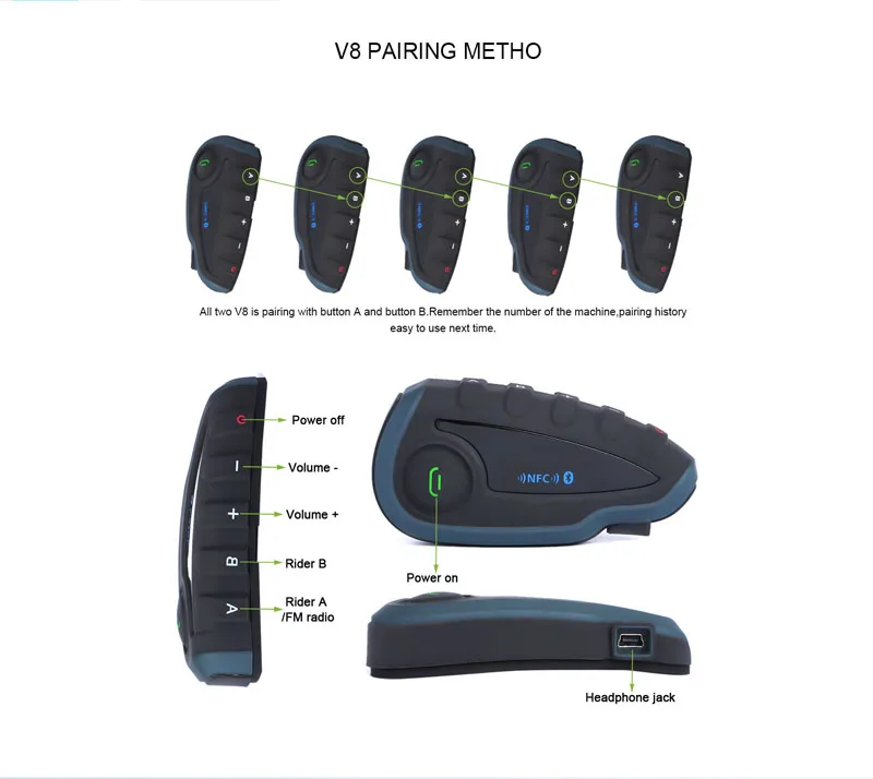 2 шт. Vnetphone V8 Bluetooth домофон NFC 5 всадников Мотоцикл Руль дистанционного управления коммуникатор шлем гарнитура