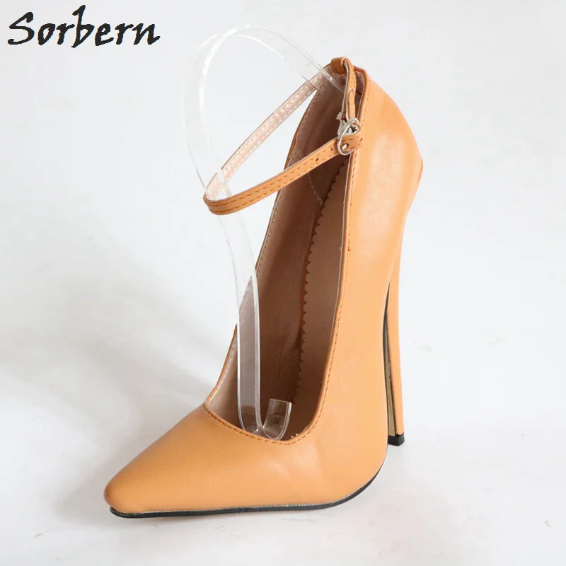 

Sorbern Light Brown Pionty Toes Pumps Women Ankle Straps Ladies Pumps Plus Size Women Heel Shoes High 18Cm High Heel Shoes