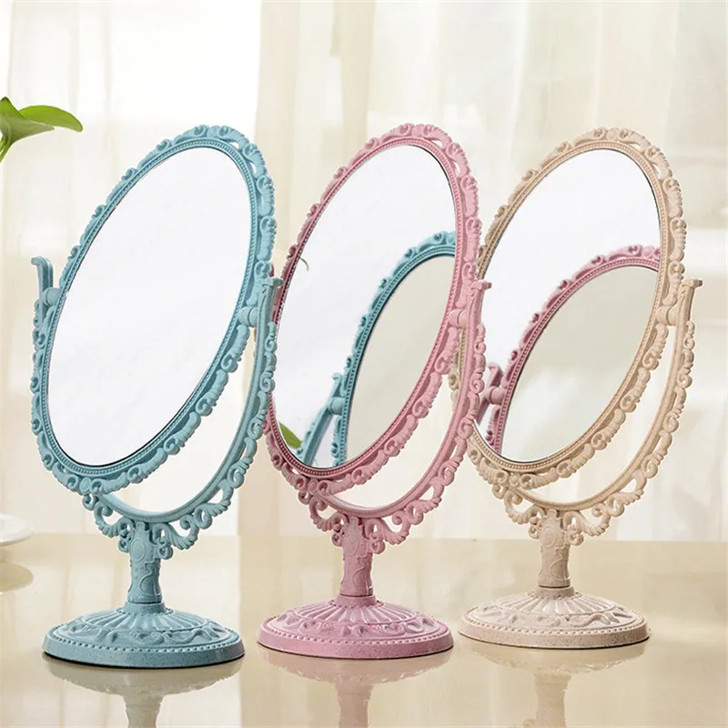 Makeup Mirror Oval Shape Rotatable Stand Table Compact Mirror Plastic Dresser Pink Blue Beige