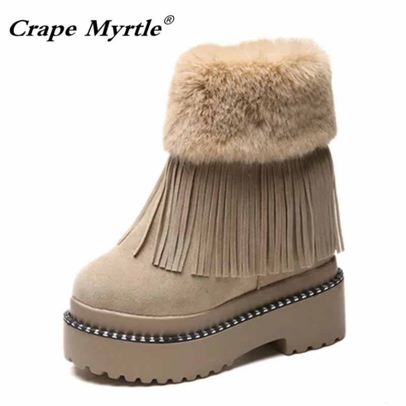 

2019 Fashion Women Casual Fringe Shoes Winter Platform Wedge Ankle Boots Height Increasing Flock Shoes Keep Warm Fur Snow Boots