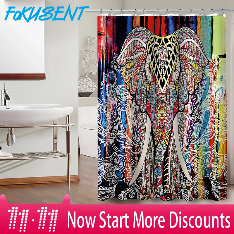 

FOKUSENT New Design Print Mandala Colorful Elephant Pattern Figure Factory Custom Polyester Bathroom Fabric Shower Curtains