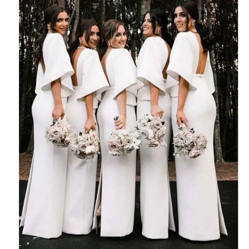Глубокий v-образный вырез длиной до пола белые атласные платья подружки невесты с рукавами русалка платья подружки невесты