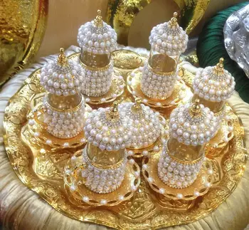 

6 person TEA set crystals and beads silver or gold color with big tray