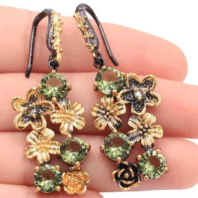 

Sublime Antique Vintage Style Multi Color Tourmaline,Peridot,Aquamarine,Violet Tanzanite Black Gold Silver Earrings 49x20mm