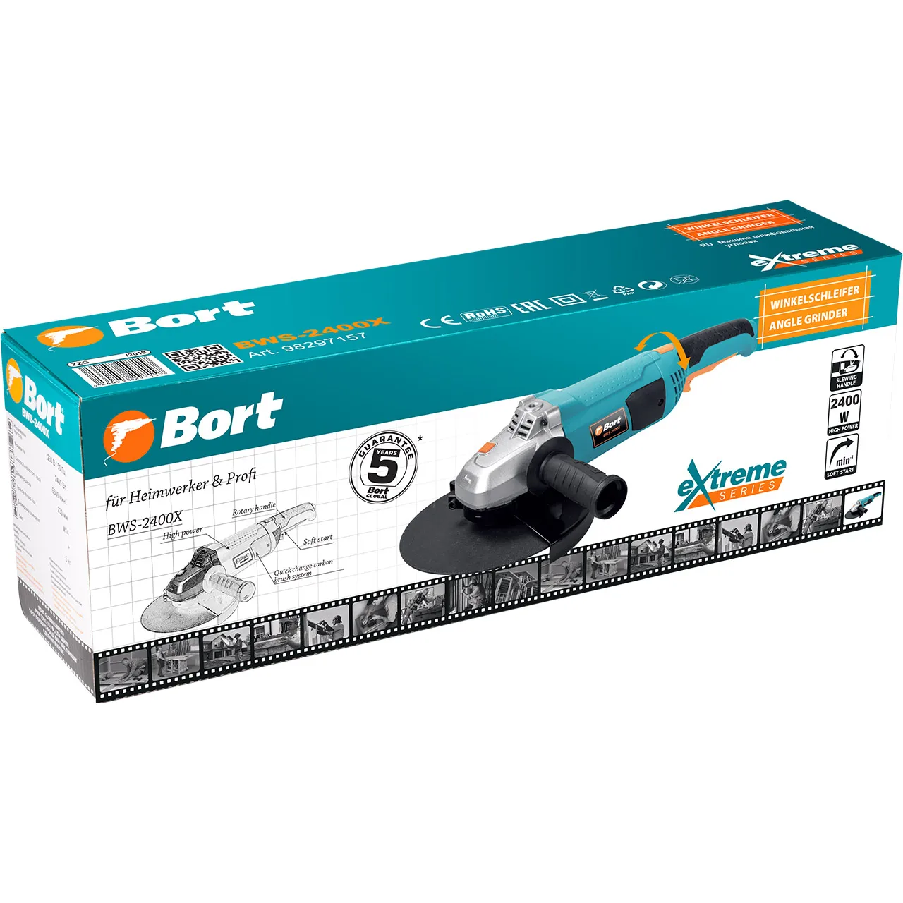 Машина шлифовальная угловая Bort BWS-2400X (Мощность 2400 Вт, 6500 об/мин, диск 230 мм, плавный пуск, поворотная рукоятка, блокировка шпинделя)