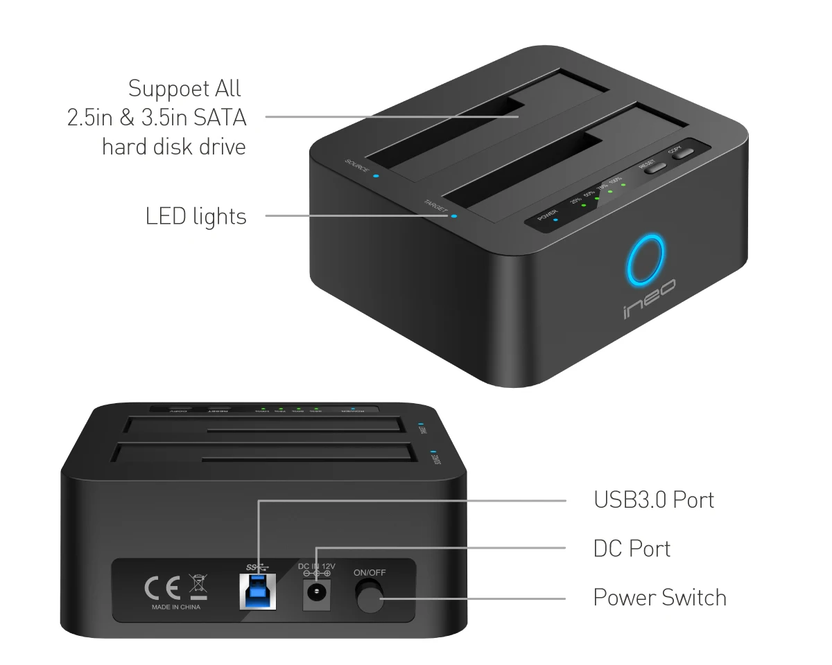 Ineo Dual HDD док-станция с автономным дубликатором для USB 3,0-2x2,5 и 3,5 дюймовый жесткий диск SSD [T3527-VIII]