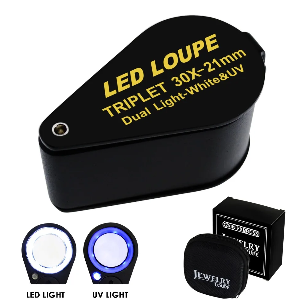 

30x Magnification Jewelry Gem Loupe with UV & 6 LED Light Triplet 21mm Optical Glass Foldaway Black Frame