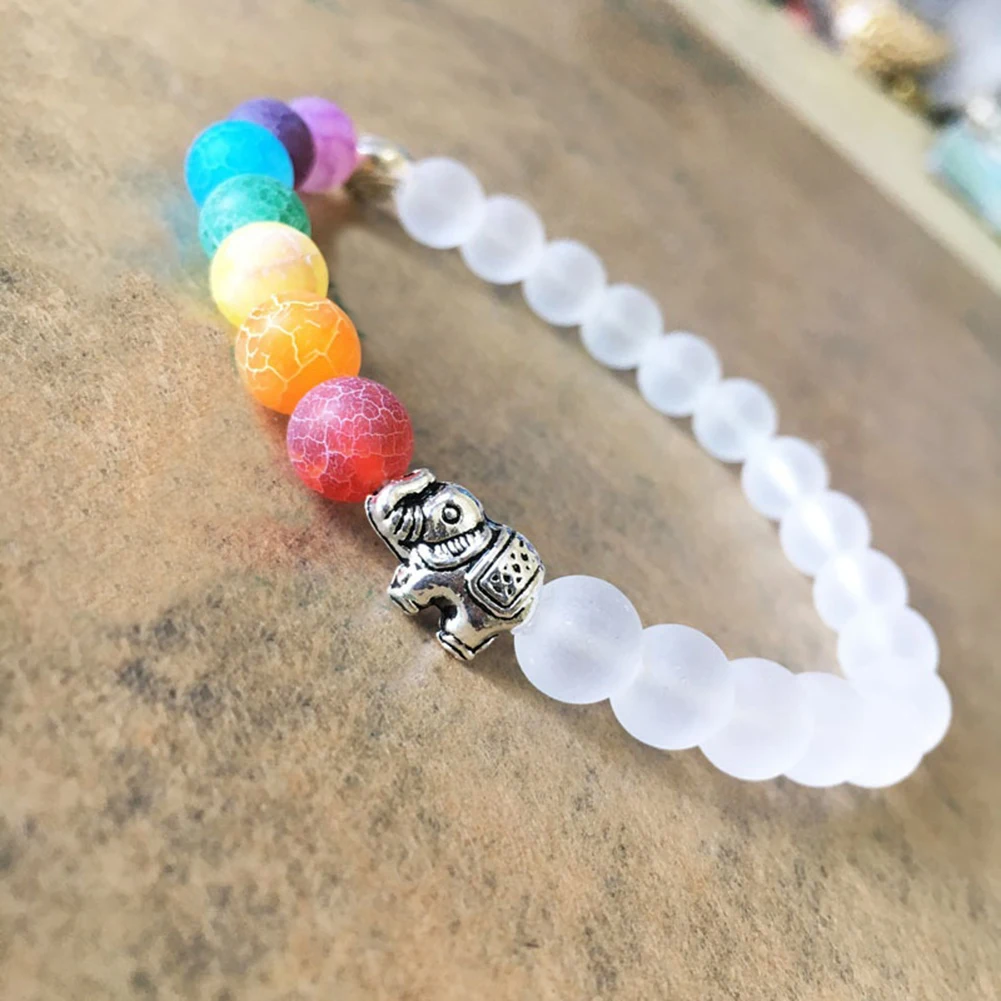 Women Handmade Multicolor Stone Beads Bangle Alloy Elephant Bracelet