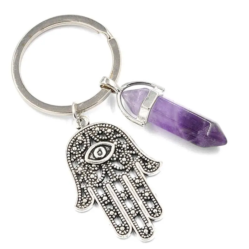 

2017 New Fashion Natural Stone Antique Symbol Evil Eye Fatima Hand Pendant Keychain Purse Car Key Rings Holder