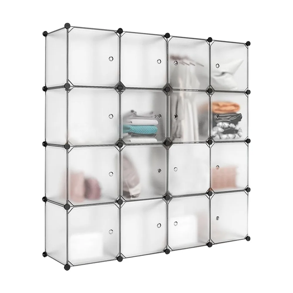 White Plastic Wardrobe 16 Cube Unit Closet Drawer Plastic Storage Translucent Design Clothes Closet Organizer S15