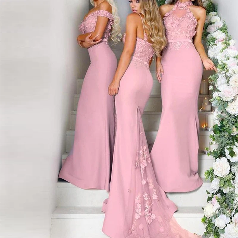 Розовое платье подружки невесты длинные из шифона без рукавов с вырезом лодочка длиной в Пол, с открытой спиной индивидуальный заказ robe