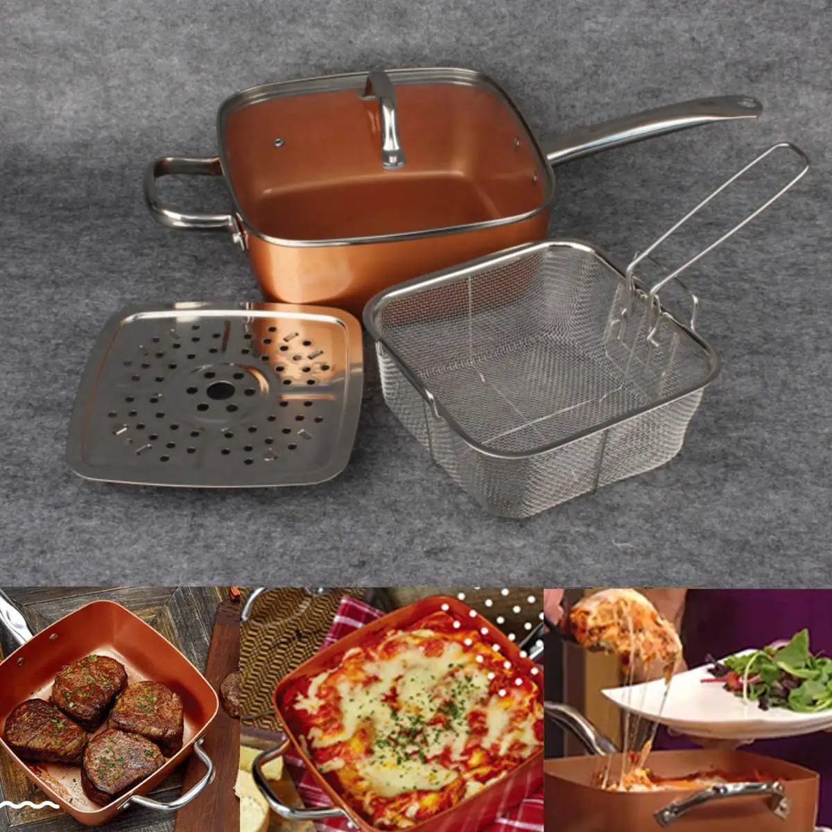 Nonstick Copper Pan Pots Cooker Induction Glass Lid Fry Filter Basket Steam Rack Chef Cooking Tool