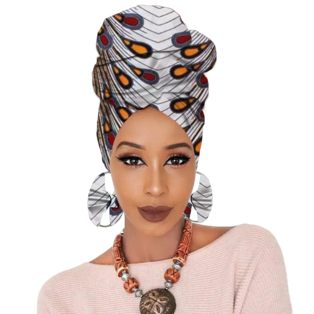 Print turban traditional African headscarf women headtie with earring (12)