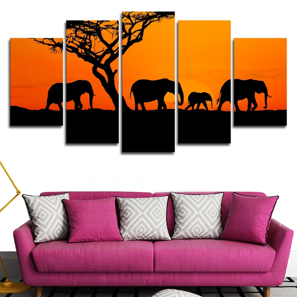 Four Elephants Sunset Walking Pictures Tree Posters