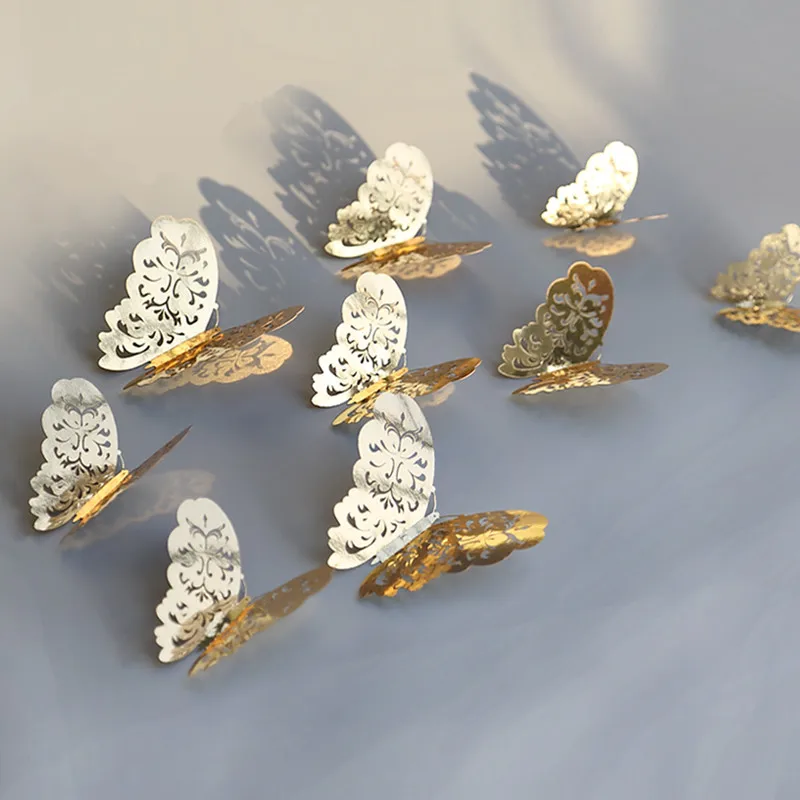 12pcs/set 3D Metallic Feel Hollow Butterflies Wall Stickers Kids Rooms Home Decor Wall Decals Party Wedding Decoration Art Mural