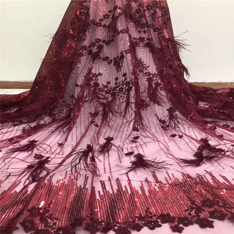 

Wine red sequins lace fabric with 3D feather delicat 3D Sequins bridal lace fabric, haute couture lace fabric F1074-2