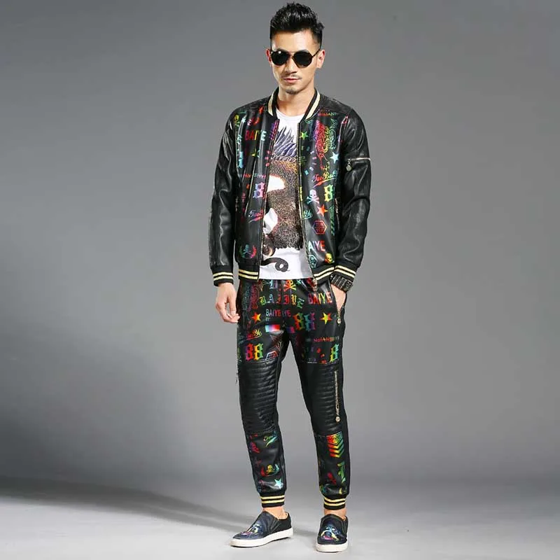 New Fashion 2 Piece Set Hip Hop Tracksuit Mens Casual Baseball Jacket with Joggers Pants Bomber Jacket Coat PU Leather Trousers New Fashion 2 Piece Set Hip Hop Tracksuit Mens Casual Baseball Jacket with Joggers Pants Bomber Jacket Coat PU Leather Trousers