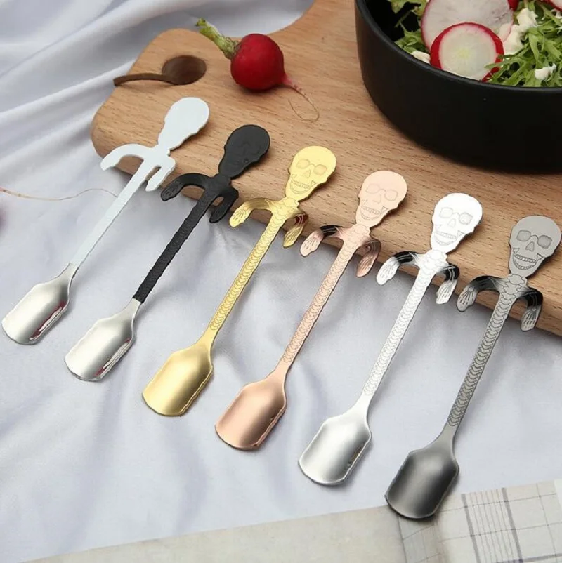 

304 stainless steel skeleton coffee spoon Personality skull pattern coffee milk hanging spoon Multicolor bone mixing scoop