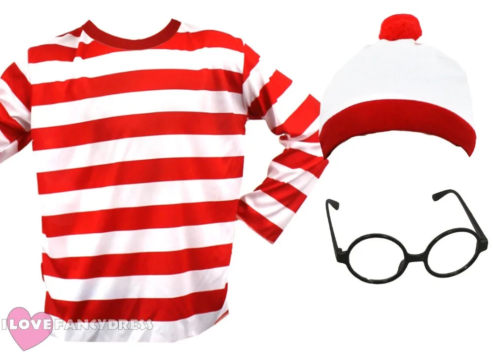 Mens Boys Red And White Stripe TShirt Glasses Hat Set World Book Week Day Outlet 