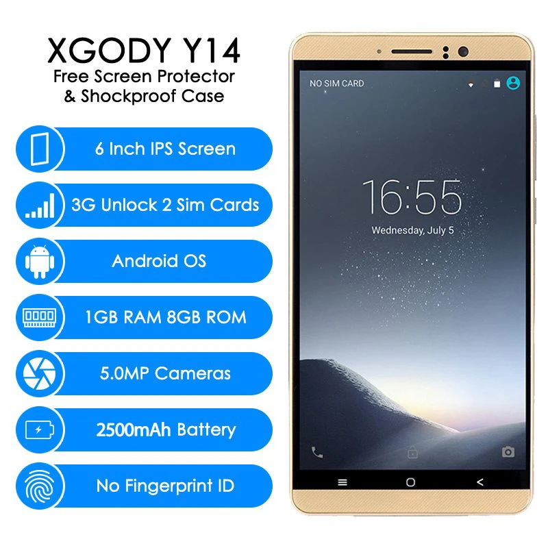 XGODY 3G Dual Sim Smartphone 6 Inch Android 5.1 Mobile Phone MTK6580 Quad Core 1GB RAM 8GB ROM 2500mAh WiFi GPS Telefone Celular