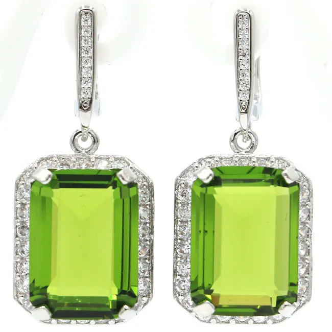 

Big Gems 22x18mm Green Peridot, White CZ SheCrown Woman's Engagement Silver Earrings 45x22mm