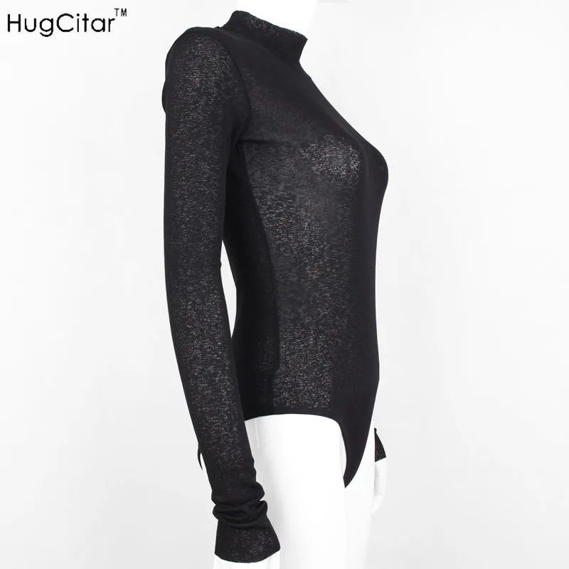 Hugcitar black solid see through mesh body suit 2019 Women Sexy Mock Neck Long Sleeve skinny Bodysuit female slim fit clothes