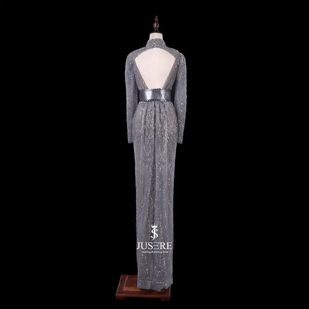 Очаровательное 2019 GD652 JUSERE серое вечернее платье с пайетками, ручная вышивка стразами, с высоким воротником, с рукавами, с вырезом сзади