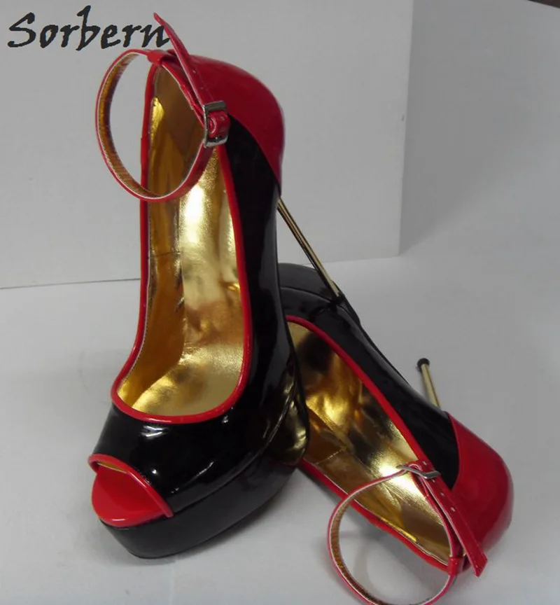 

Sorbern 2018 Women Pumps Black With Red Patent Leather Buckle Strap Ladies Party Pumps Peep Toe Cosplay Pumps Shoes 16cm Heels
