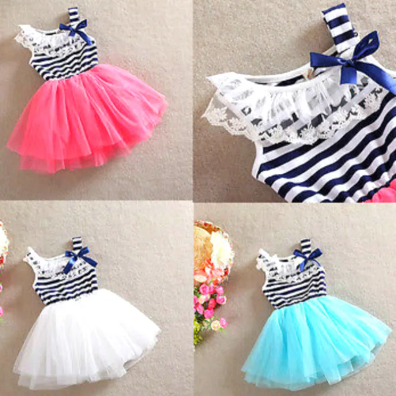 

2018 Summer Children's Exploding Girl Upper Body Striped Bow Tie Lace Collar Vest Gauze Shaggy Dress Lovely Small And Fresh.