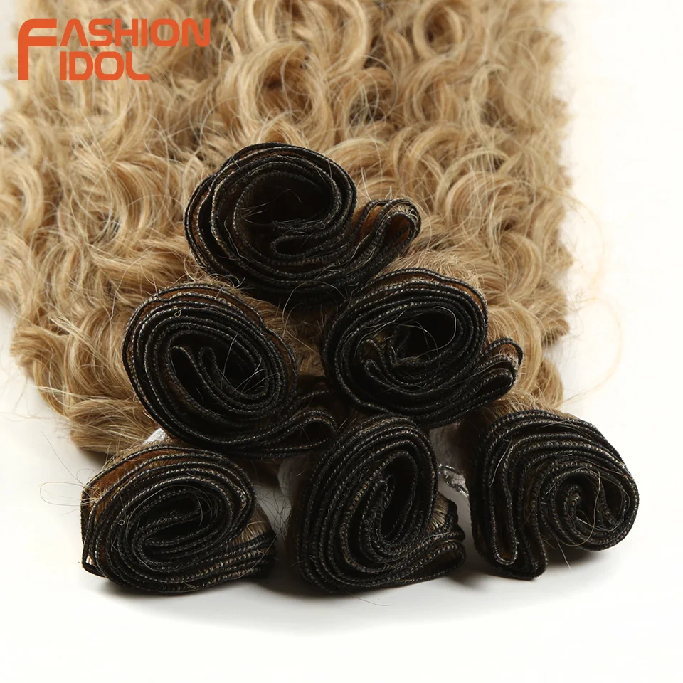 FASHION IDOL Afro Kinky Curly Hair Bundles Extensions With Closure Ombre Blonde 30inch Soft Long Curly Hair Synthetic Weave Hair