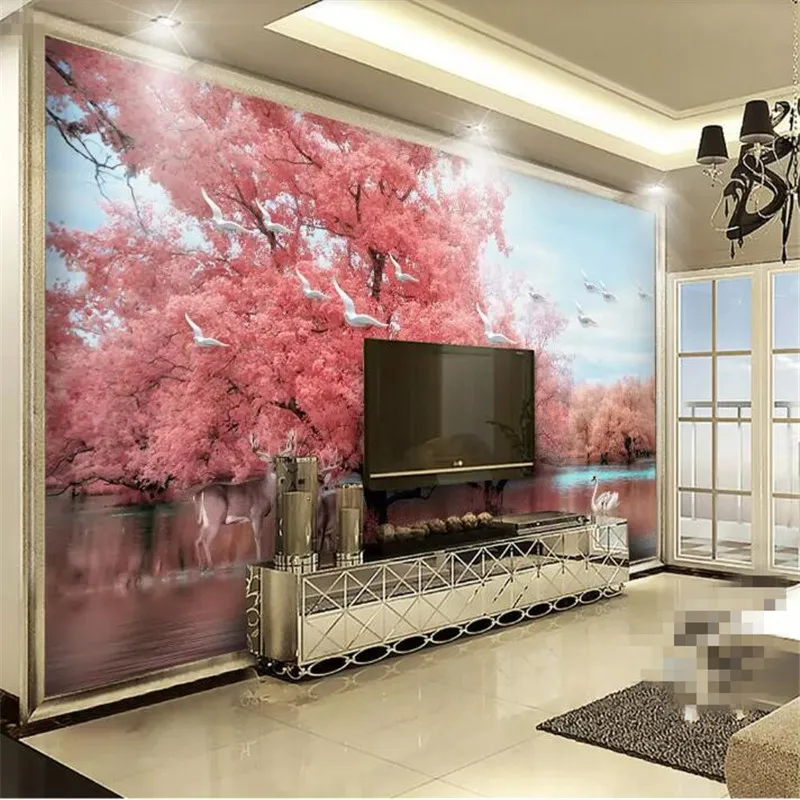 Fantasy pink tree elk landscape TV background wall professional production mural wholesale wallpaper mural custom photo wall Fantasy pink tree elk landscape TV background wall professional production mural wholesale wallpaper mural custom photo wall