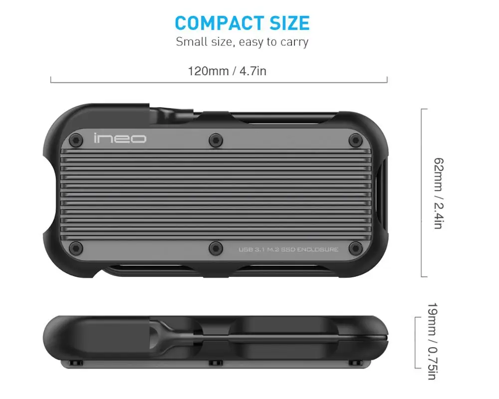 Ineo M.2 NVMe SSD Чехол ударопрочный IP66 алюминиевый корпус для USB C 3,1 Gen 2 10 Гбит/с type-C-M.2 PCIe NVMe SSD Caddy [C2594]