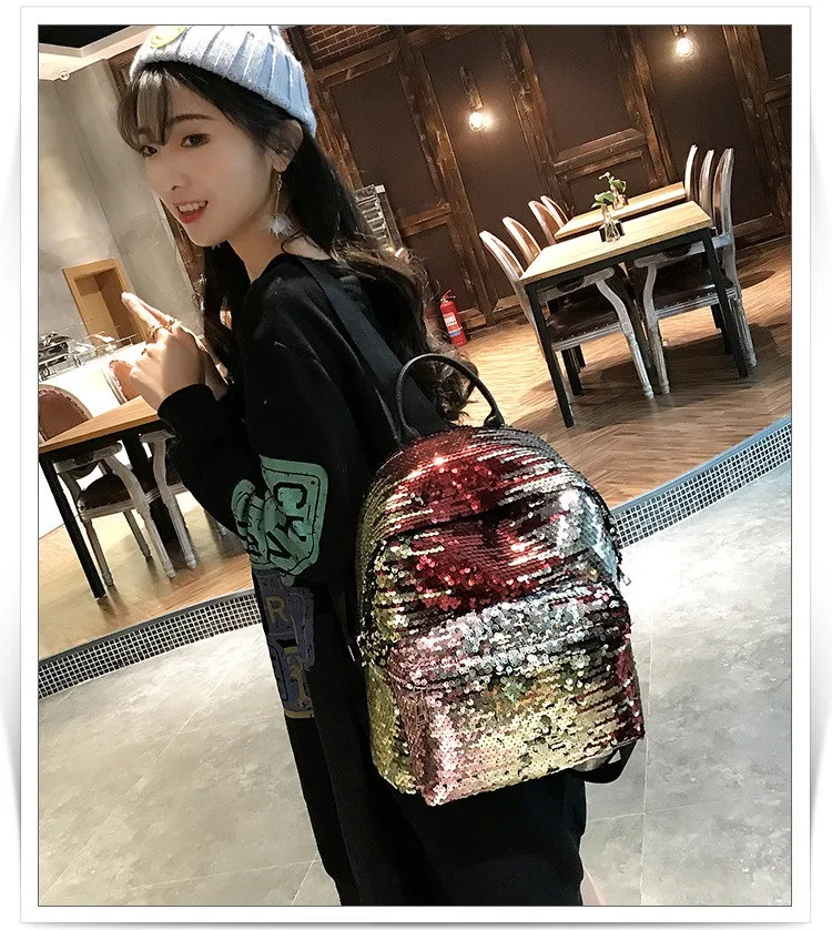 MJ Sequin Backpack Women Fashion Sequined PU Leather Backpack Travel Bag Female Shining Daypack for Teenage Girls (4)