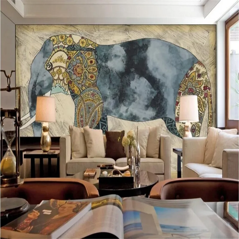 

Old and nostalgic elephant oil painting wall ethnic pattern background wall painting professional production of wallpaper mural