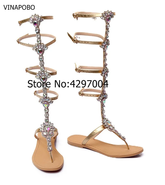 Vinapobo/летние сандалии-гладиаторы на плоской подошве; женские сапоги до колена, украшенные золотыми стразами, с пряжкой и ремешком; пляжная обувь в богемном стиле со стразами - Цвет: Бежевый