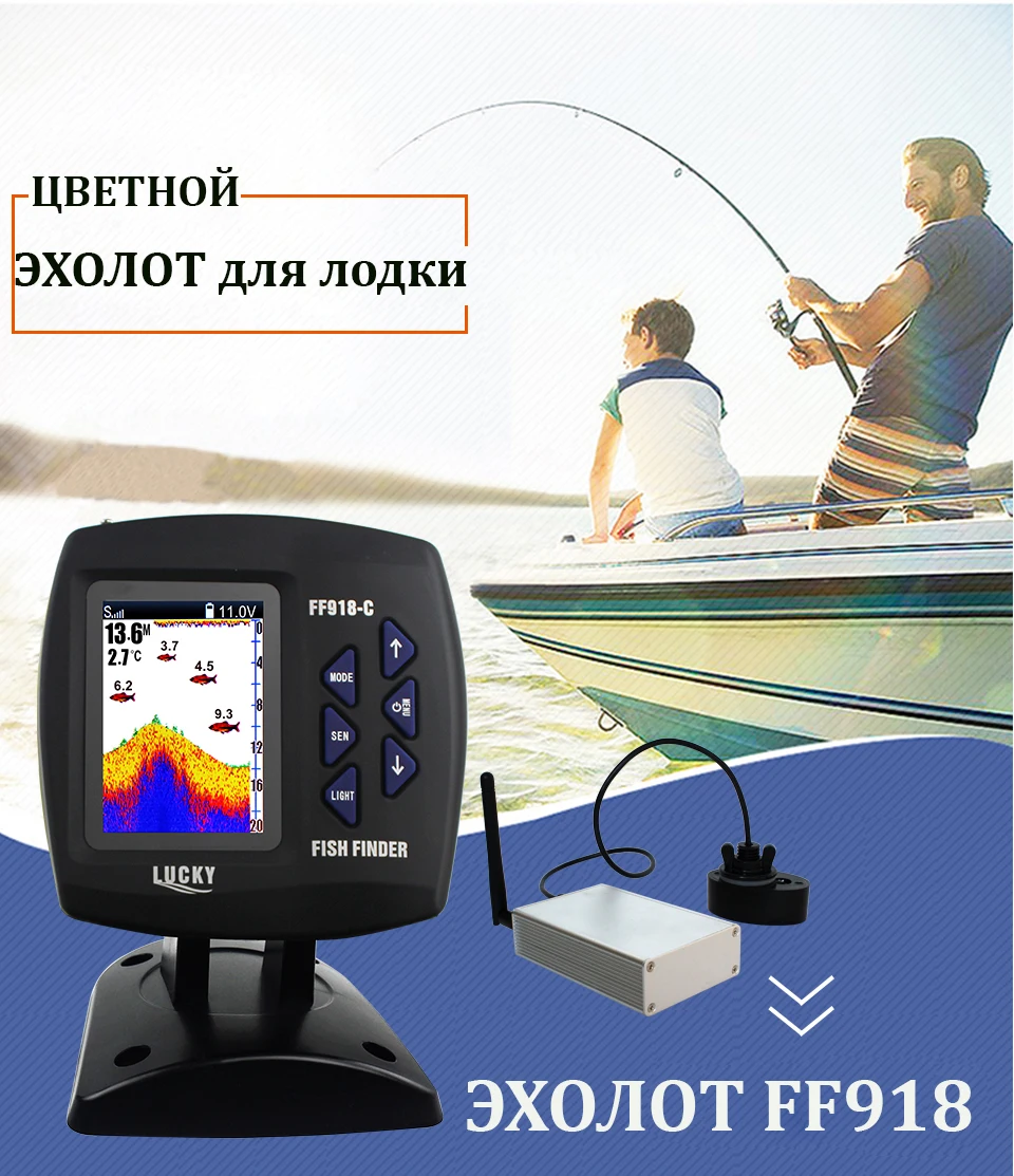 Faixa de Operação Intervalo de Profundidade de 100 Inventor dos Peixes sem Fio Sorte Ff918 cwls Versão Russa Display Colorido Barco 300 m m 4 Localizadores de peixe