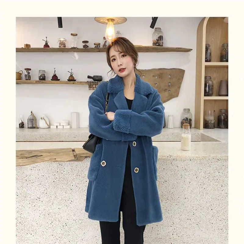 

Woman Fashion Solid Granular Wool Elegant Lapel Collar Coat Imitation Leather Fur Pocket Jacket Female Double-breasted Overcoat