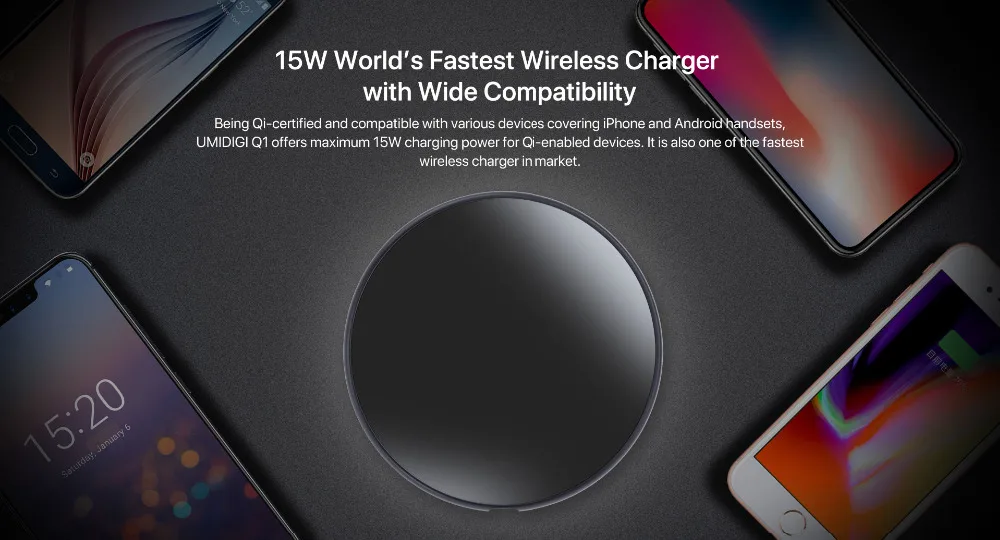 UMIDIGI Q1 15W Fast Wireless Charger pad for iPhone X/XS Max XR 8 8 Plus Samsung Galaxy Note 9 8 S9 S8 Umidigi SZ2Pro OnePro