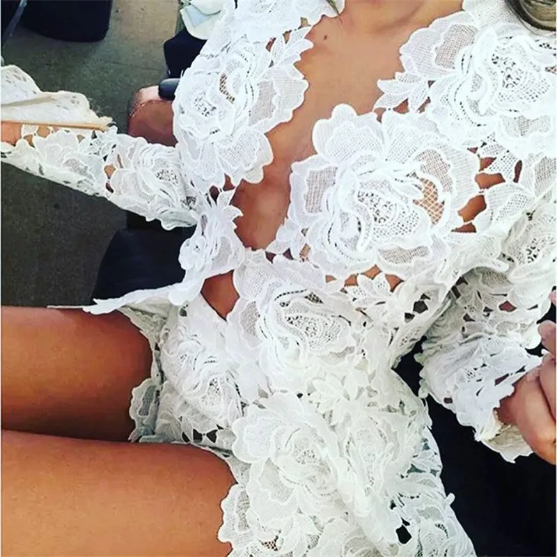 

New Arrial lace sexy white long sleeve top+pant embroidery set 2018 transparent women night club evening party set TB-025