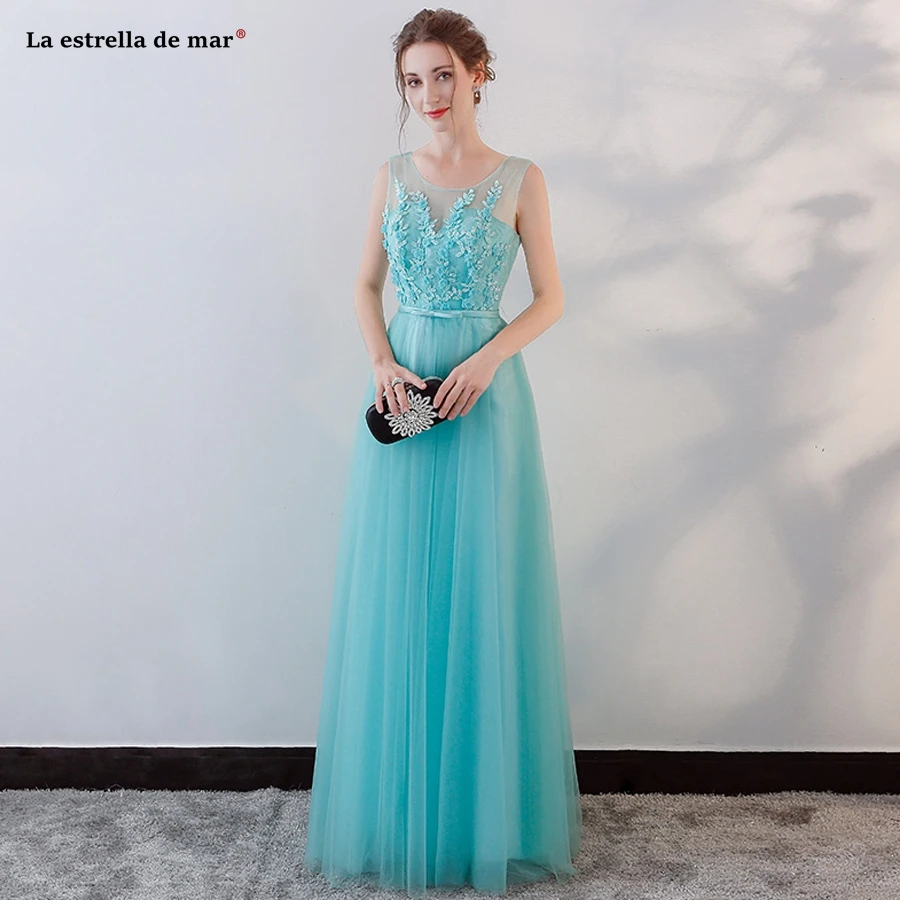 Robe demoiselle d'honneur2018 Новый Scoop спинки Кружева Линия бирюзовый вечерние платья Длинные наличии платье для свадьбы Вечерние