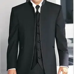 Индивидуальный заказ в приспособленное мужские заказ костюм, черный Madarin Воротник женихов мужчины смокинги с жилет (куртка + брюки + жилет)